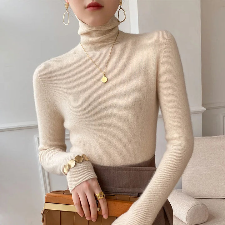 Women's slim fit turtleneck sweater, soft knit, perfect for versatile layering & everyday elegance in fall/winter.