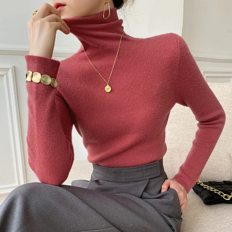 Cozy women's slim fit turtleneck sweater in a soft knit, ideal for comfortable fall fashion & winter layering.