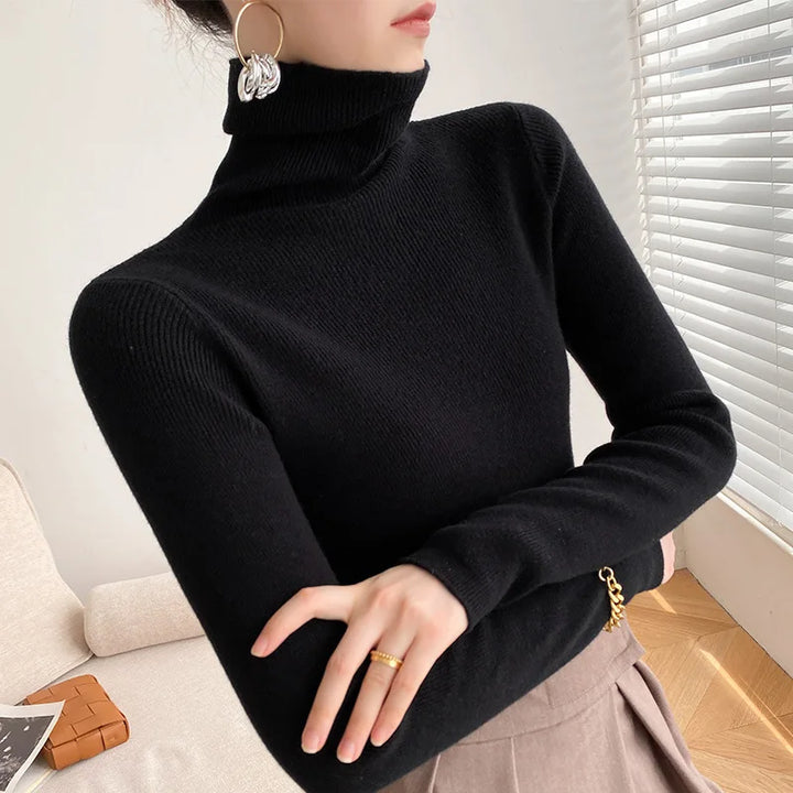 Sophisticated women's slim fit turtleneck sweater, a versatile long-sleeve knit for elegant fall & winter fashion.