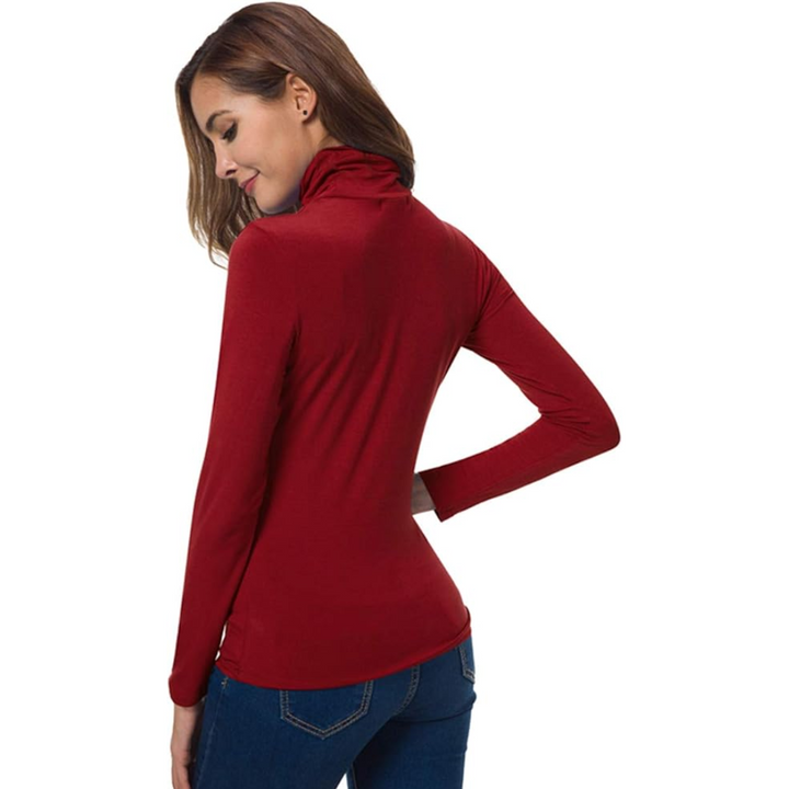 Women's slim fit turtleneck top, an essential long sleeve basic for layering.