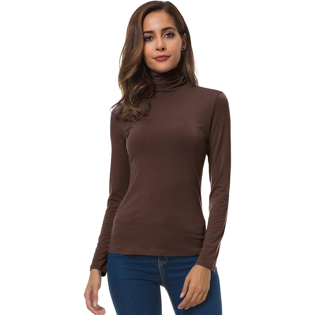 Elegant slim fit turtleneck for women, ideal for casual or dressy ensembles.