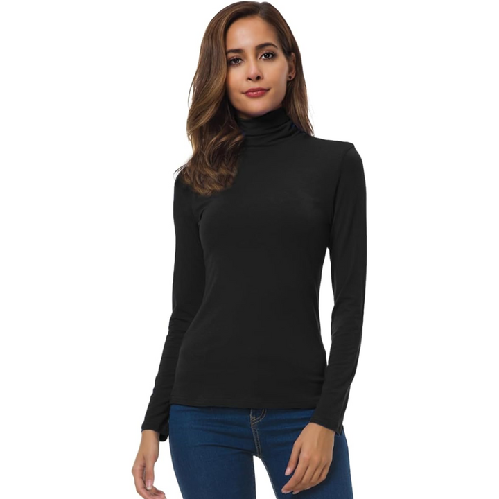 Women's slim fit turtleneck in a studio shot, highlighting its close fit & texture.