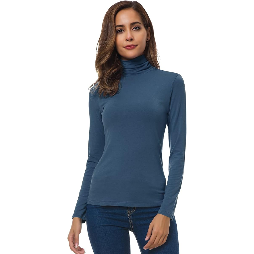 Soft women's long sleeve slim fit turtleneck, perfect for cozy layering comfort.