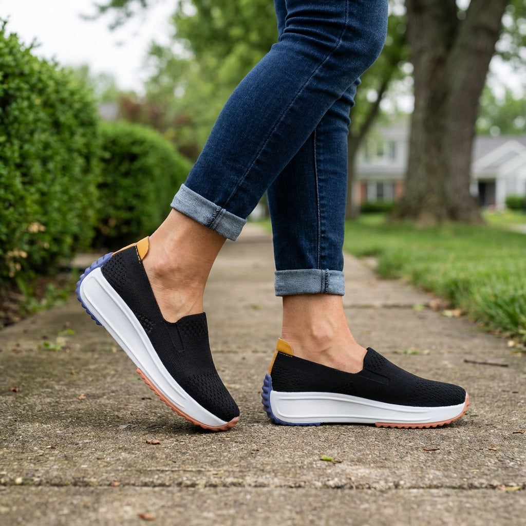 Trendy white slip-on platform sneakers for women, offering easy wear and modern orthopedic comfort.