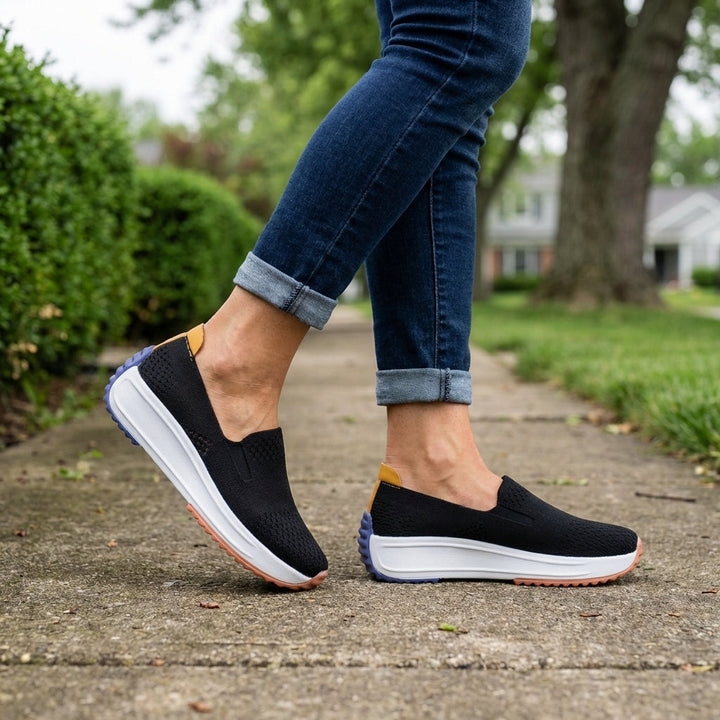 Trendy white slip-on platform sneakers for women, offering easy wear and modern orthopedic comfort.