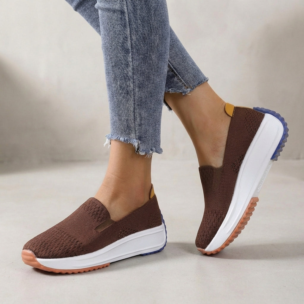 Brown women's orthopedic slip-on platform sneakers, providing arch support & all-day comfort.