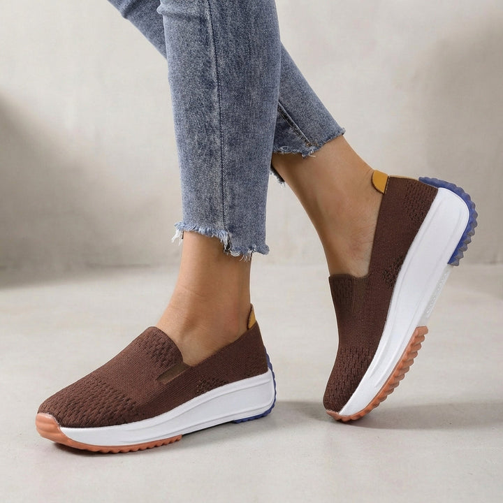 Brown women's orthopedic slip-on platform sneakers, providing arch support & all-day comfort.