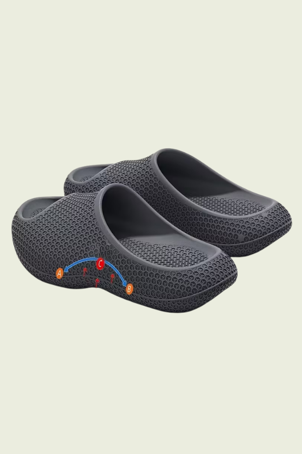 Women's arch support slip-on slippers for foot health, comfort, & relaxed home wear.