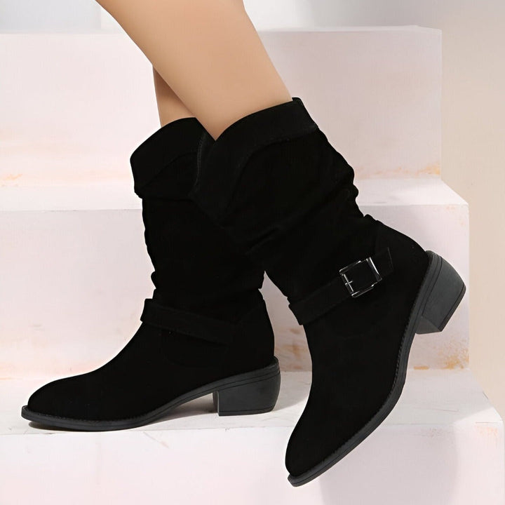 Women's casual slouchy ankle boots. Low heel, chic buckle strap detail. Perfect comfortable fall fashion footwear.