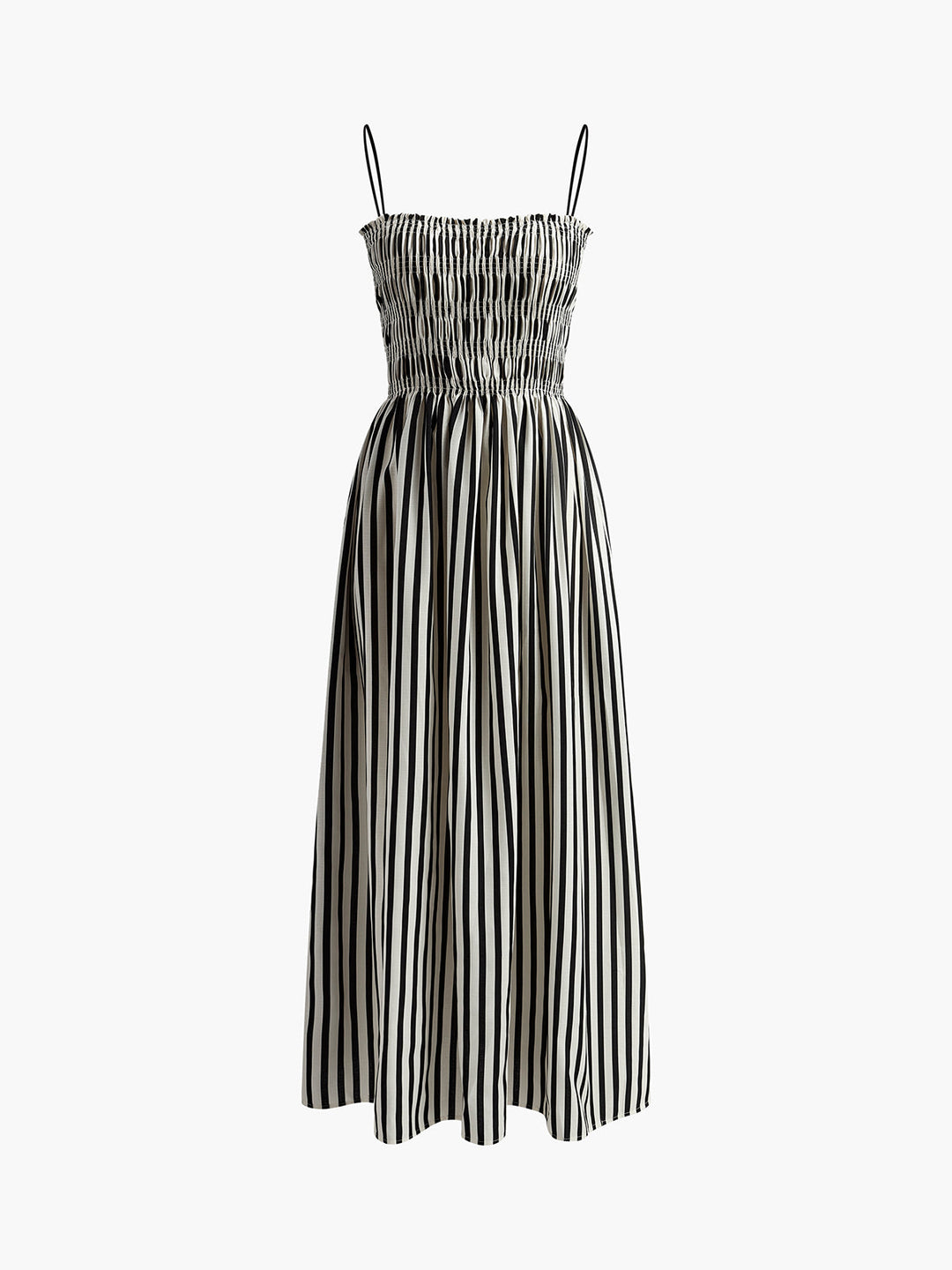Women's pinstripe maxi dress with smocked bodice and thin straps, ideal for warm weather.