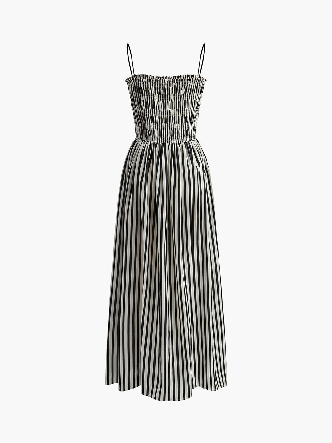 Chic women's strappy pinstripe maxi dress, featuring a smocked design for summer elegance.