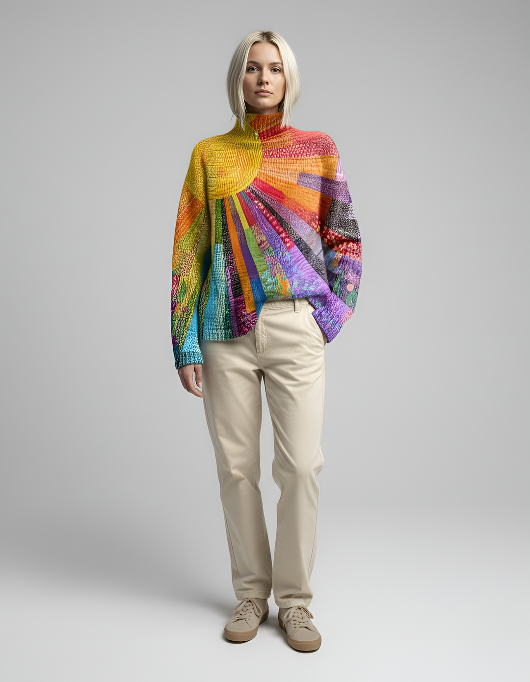 Women's soft abstract print turtleneck sweater, multicolored long sleeve cozy knit for elegant fall & winter fashion.