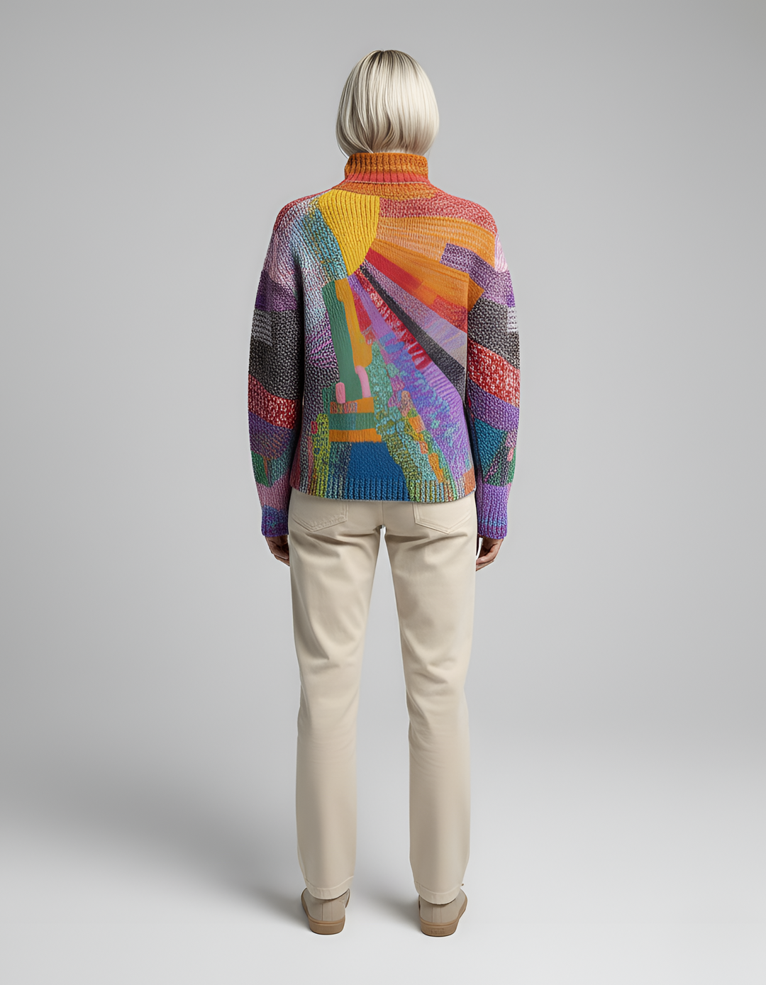 Elegant women's long sleeve abstract print turtleneck sweater. Soft knit, warm multicolored top for cozy casual wear.
