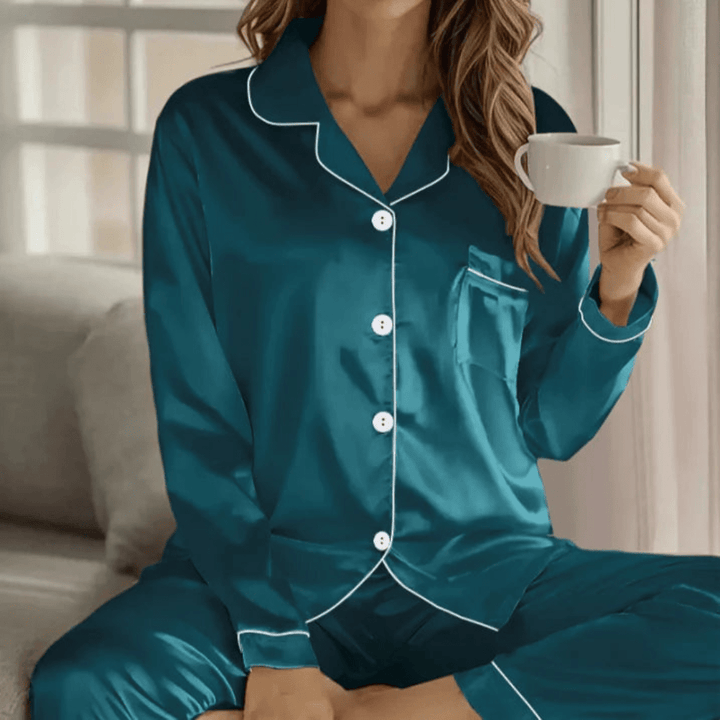 Women's soft button-front pajama set, perfect for comfortable sleepwear and loungewear.