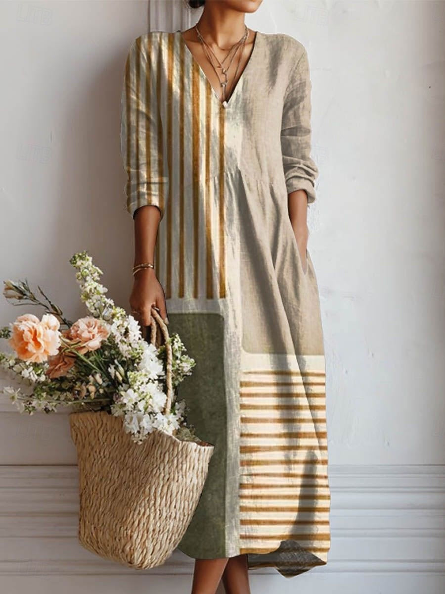 Women's soft earth tone relaxed fit midi dress for comfortable, casual, everyday wear. Perfect for spring/summer.