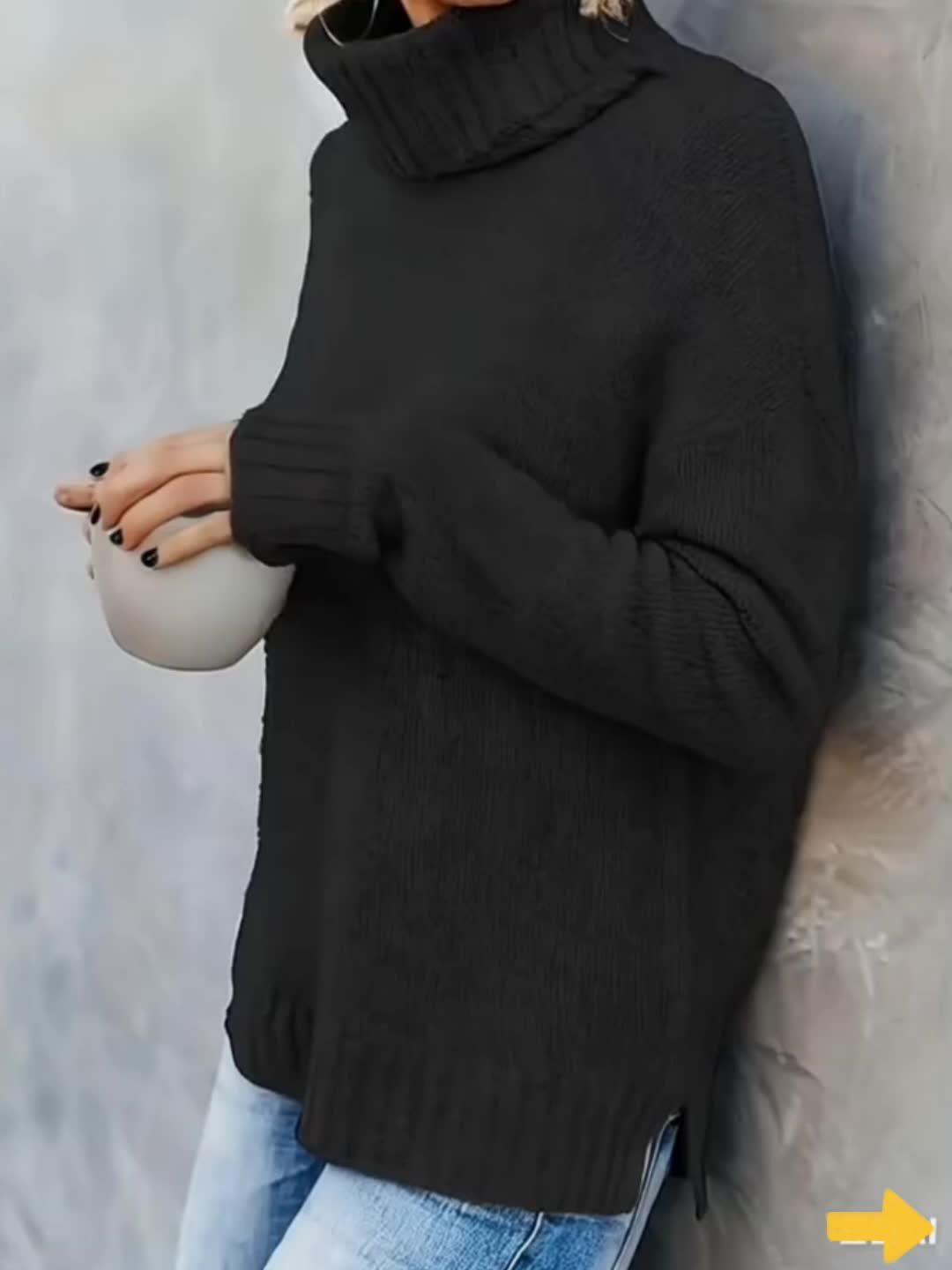Women's fall fashion: Turtleneck sweater with a unique split hem, relaxed and effortlessly chic.