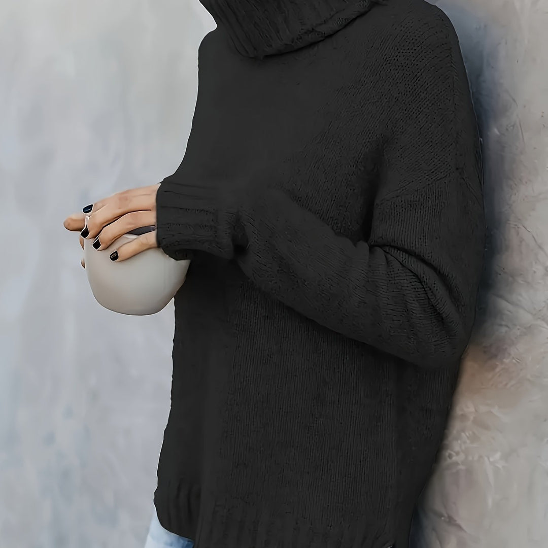 Effortless women's turtleneck sweater for fall. Casual, comfortable, with a fashionable split hem.