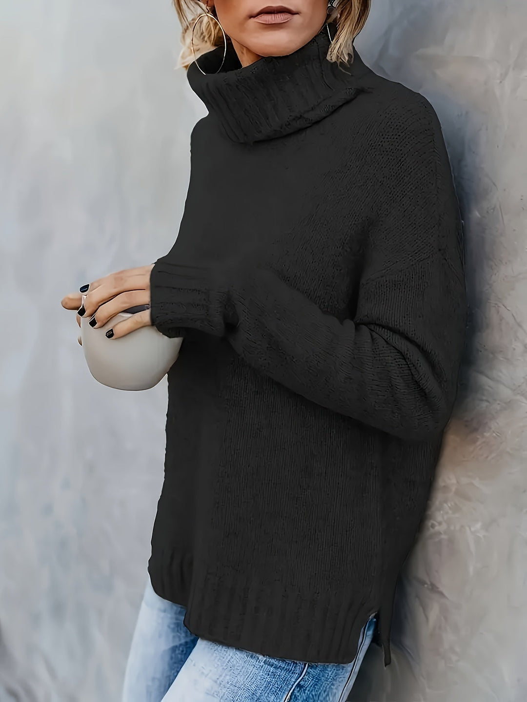 Relaxed fit women's long sleeve turtleneck pullover. Comfortable for fall and winter outfits.
