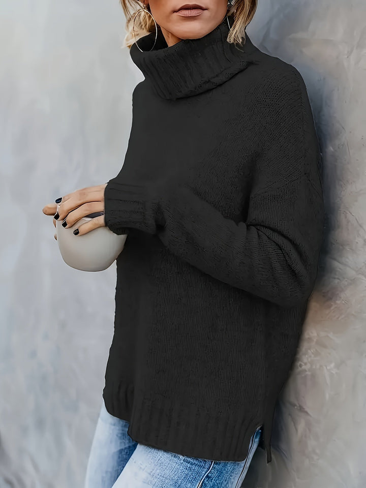 Relaxed fit women's long sleeve turtleneck pullover. Comfortable for fall and winter outfits.