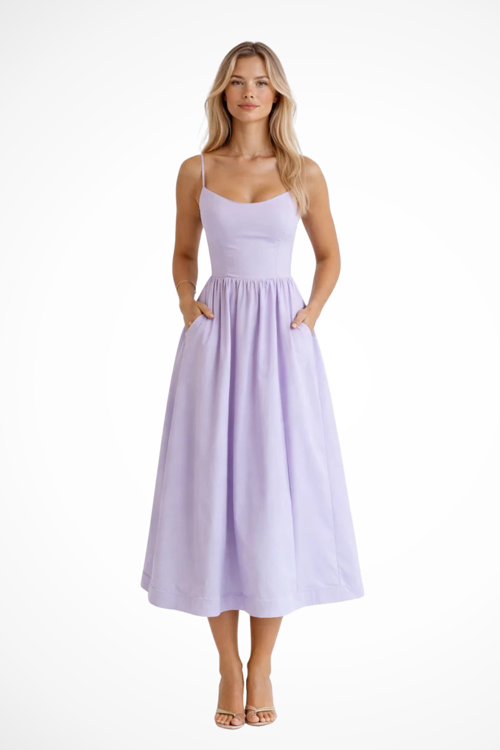 Women's spaghetti strap midi sundress, perfect for effortless style on a summer day.