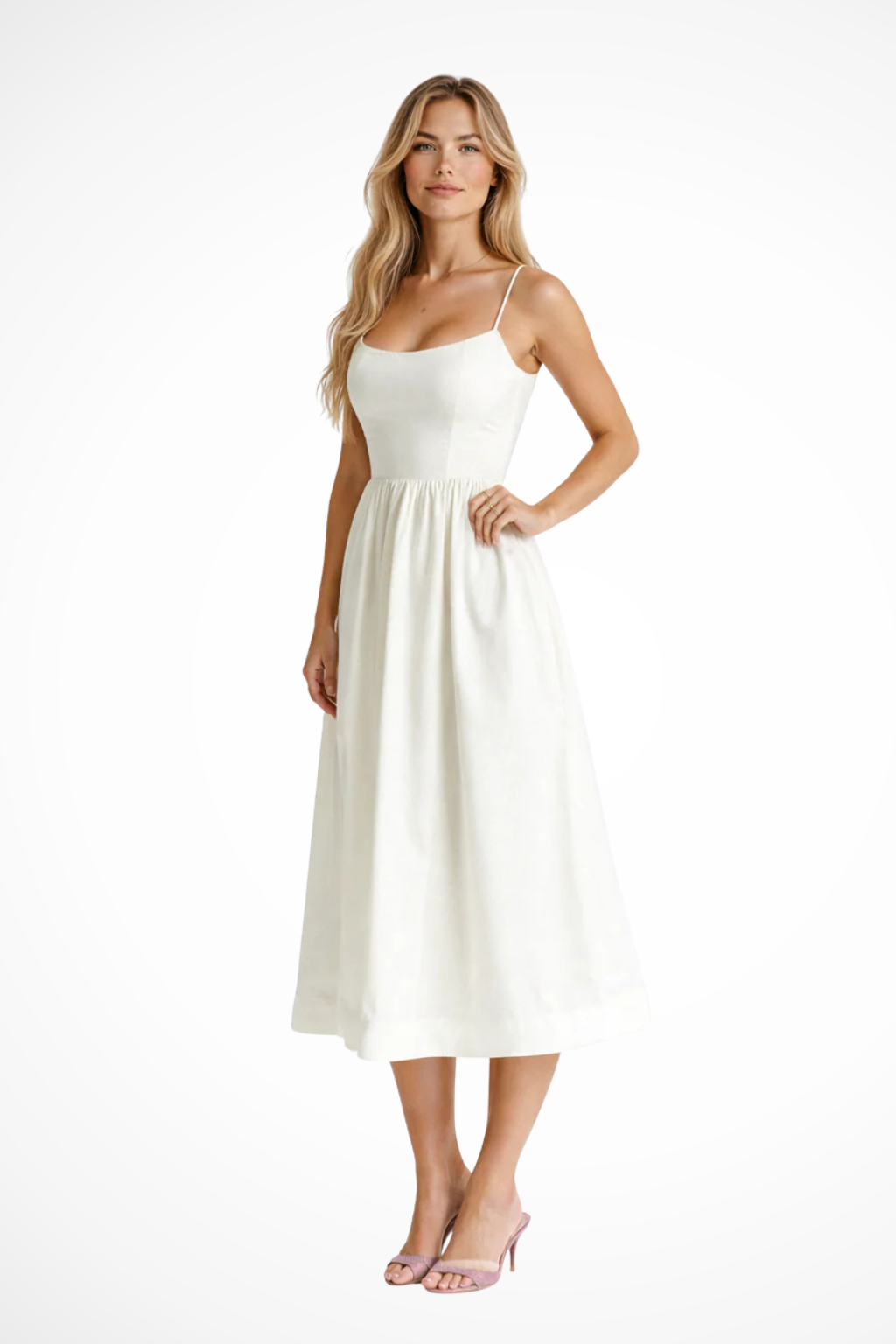 Relaxed fit women's spaghetti strap midi dress, offering effortless style for summer days.