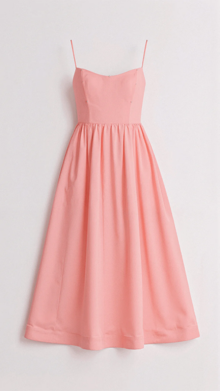 Everyday elegant women's midi dress. Spaghetti strap, scoop neck, A-line cut. Versatile for summer fashion.