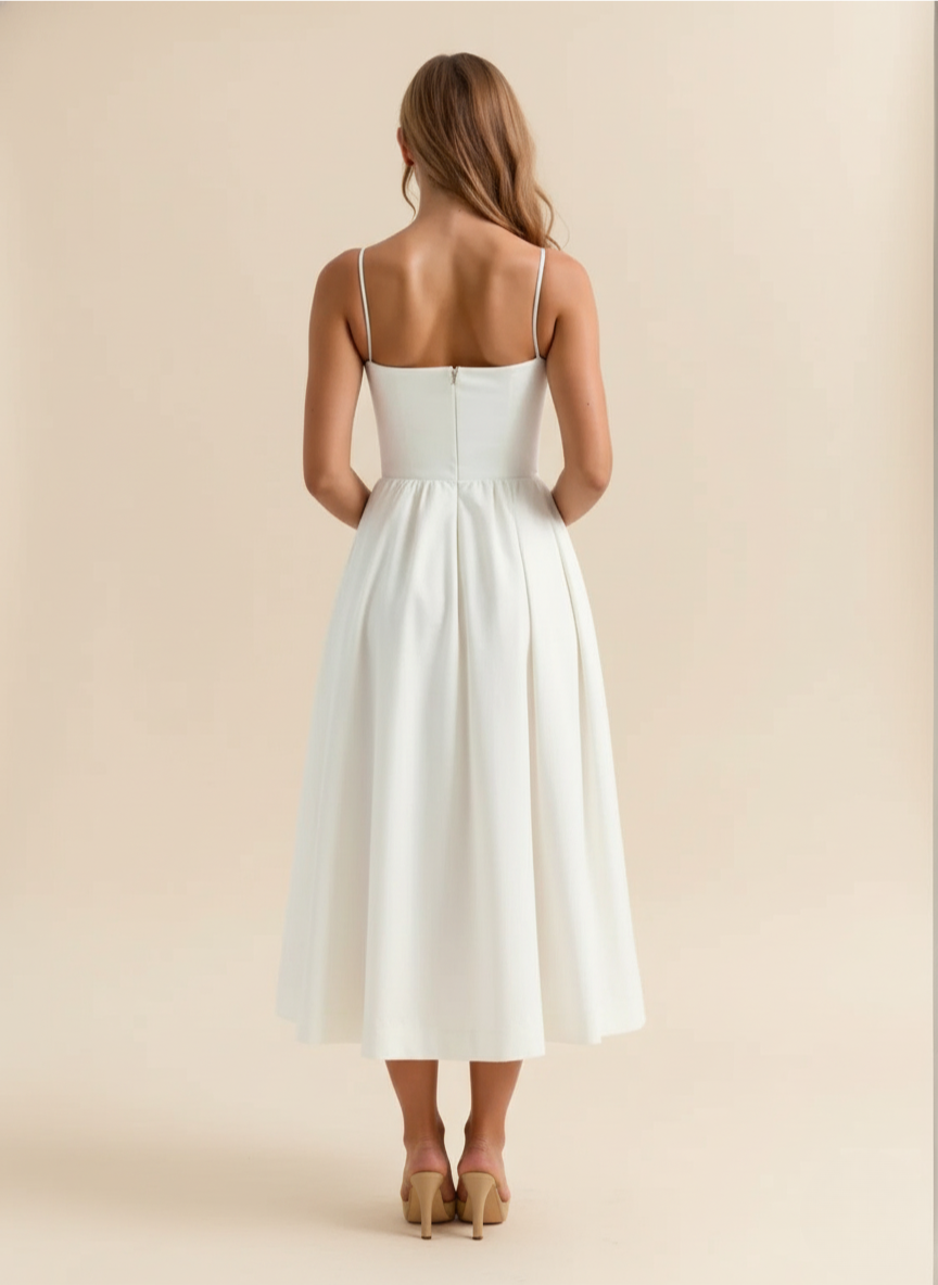 Elegant women's A-line midi dress with spaghetti straps & scoop neck. Ideal for parties or casual chic.