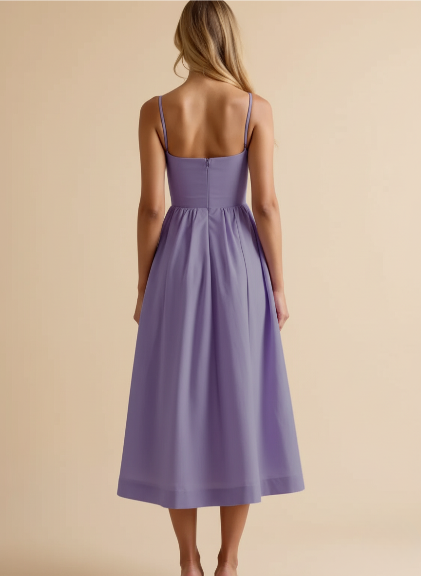 Versatile women's midi dress: spaghetti strap, scoop neck, A-line. Great for elegant casual or party wear.