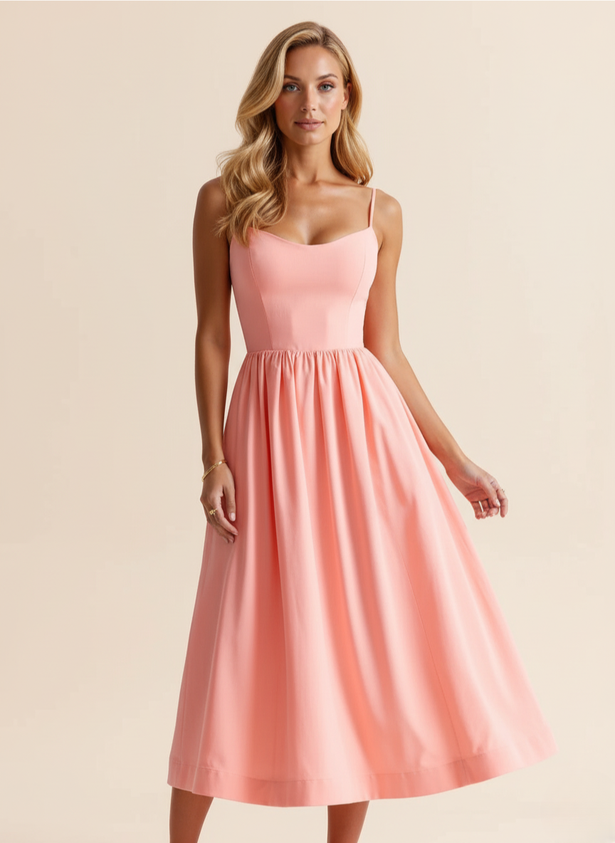 Women's spaghetti strap scoop neck A-line midi dress. A stylish and comfortable summer essential.