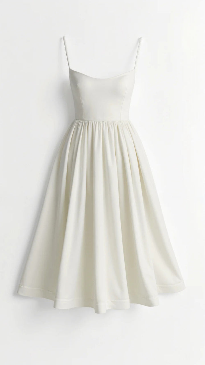 Comfortable women's A-line midi dress with spaghetti straps & scoop neck. Perfect for elegant summer fashion.