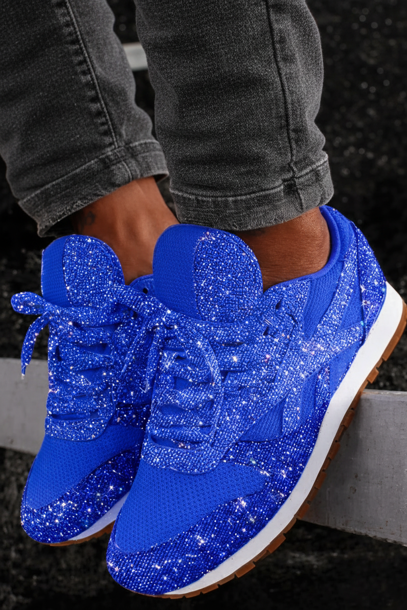 Women's sparkling glitter sneakers, perfect for trendy everyday wear. Chic fashion footwear.