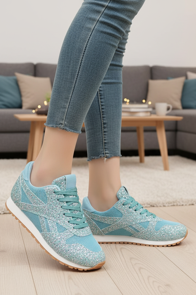 Fashionable women's everyday sneakers, adorned with sparkling glitter for a statement casual footwear look.