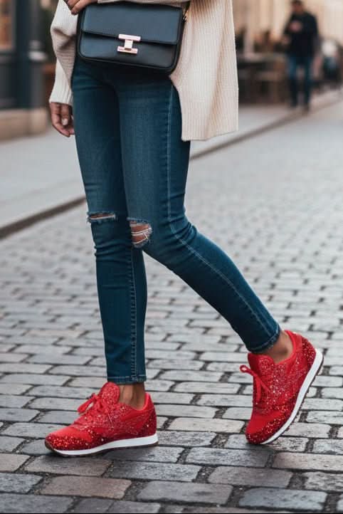 Front view of women's lace-up glitter sneakers, ideal for chic everyday fashion. Sparkle footwear.