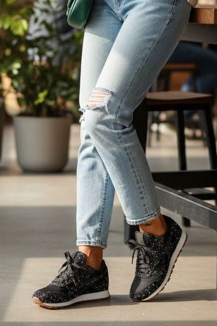 Comfortable women's fashion sneakers with dazzling glitter and a supportive sole. Everyday athleisure.