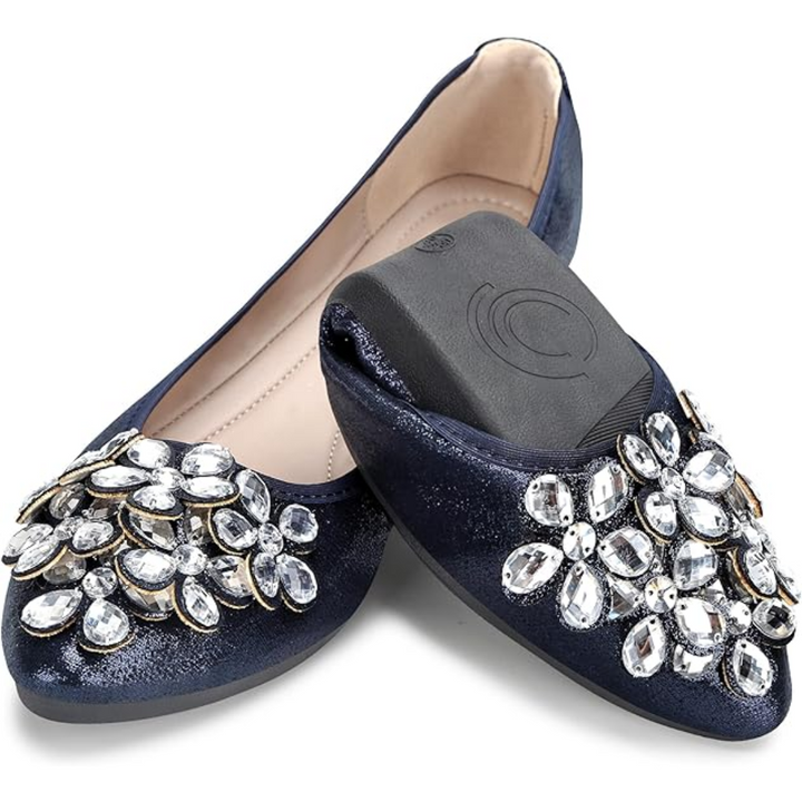 Women's sparkling rhinestone ballet flats, the perfect dressy slip-on shoes for parties & special occasions.