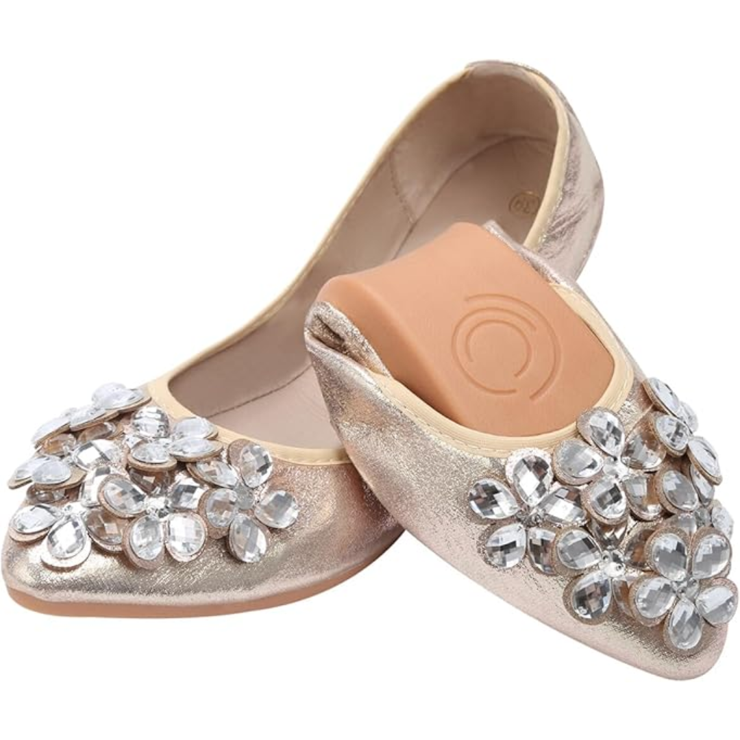 Travel-friendly women's foldable ballet flats, adorned with sparkling rhinestones for chic, comfortable journeys.