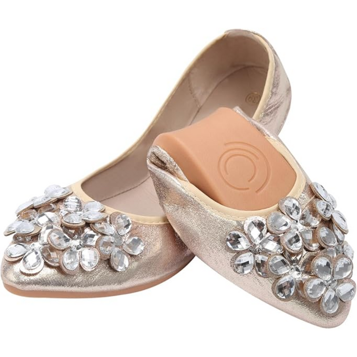 Travel-friendly women's foldable ballet flats, adorned with sparkling rhinestones for chic, comfortable journeys.