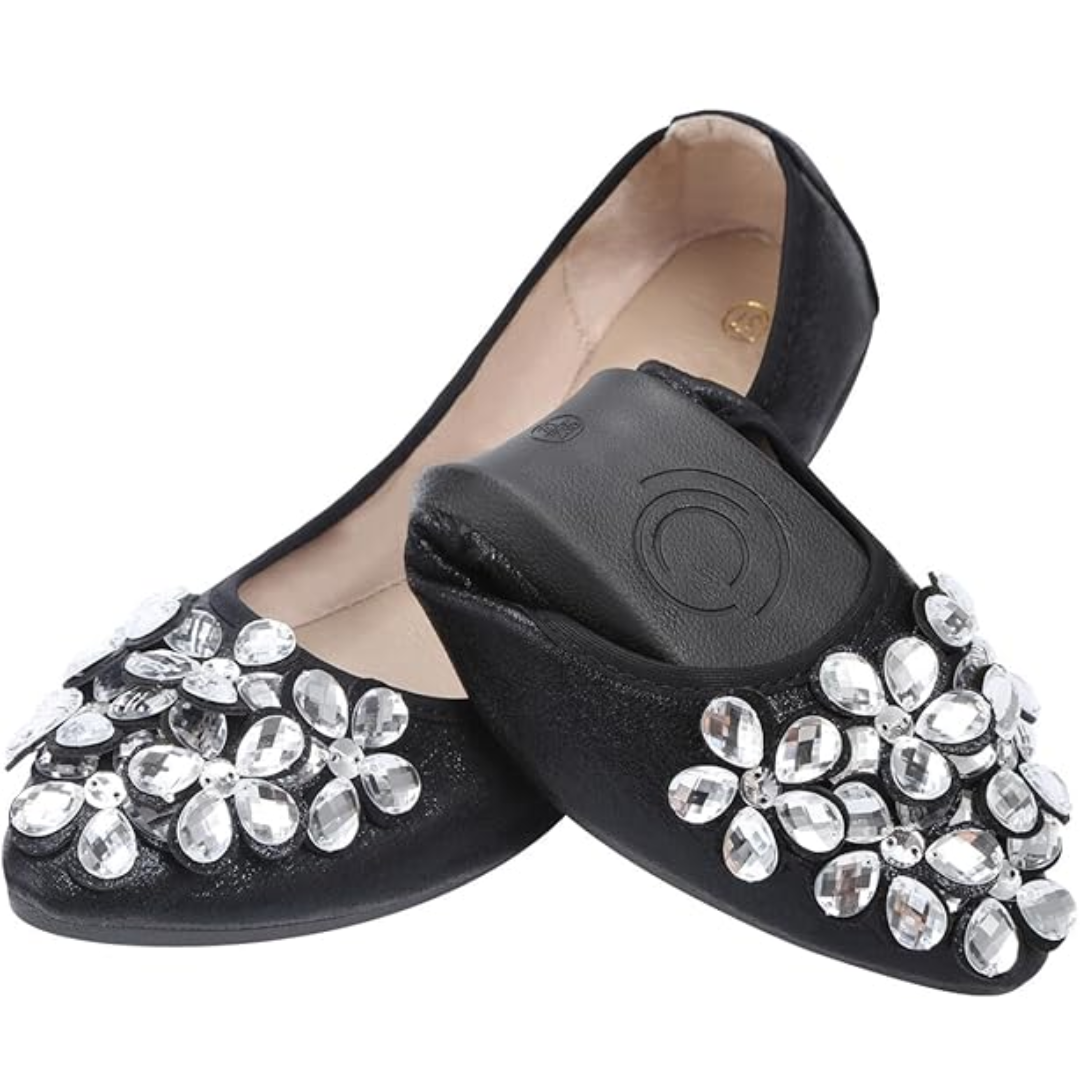 Versatile women's sparkling rhinestone flats, combining comfort, chic style, and foldable convenience for travel.