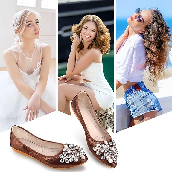 Elegant women's sparkling ballet flats, adorned with dazzling rhinestones, ideal for dressy occasions & comfort.