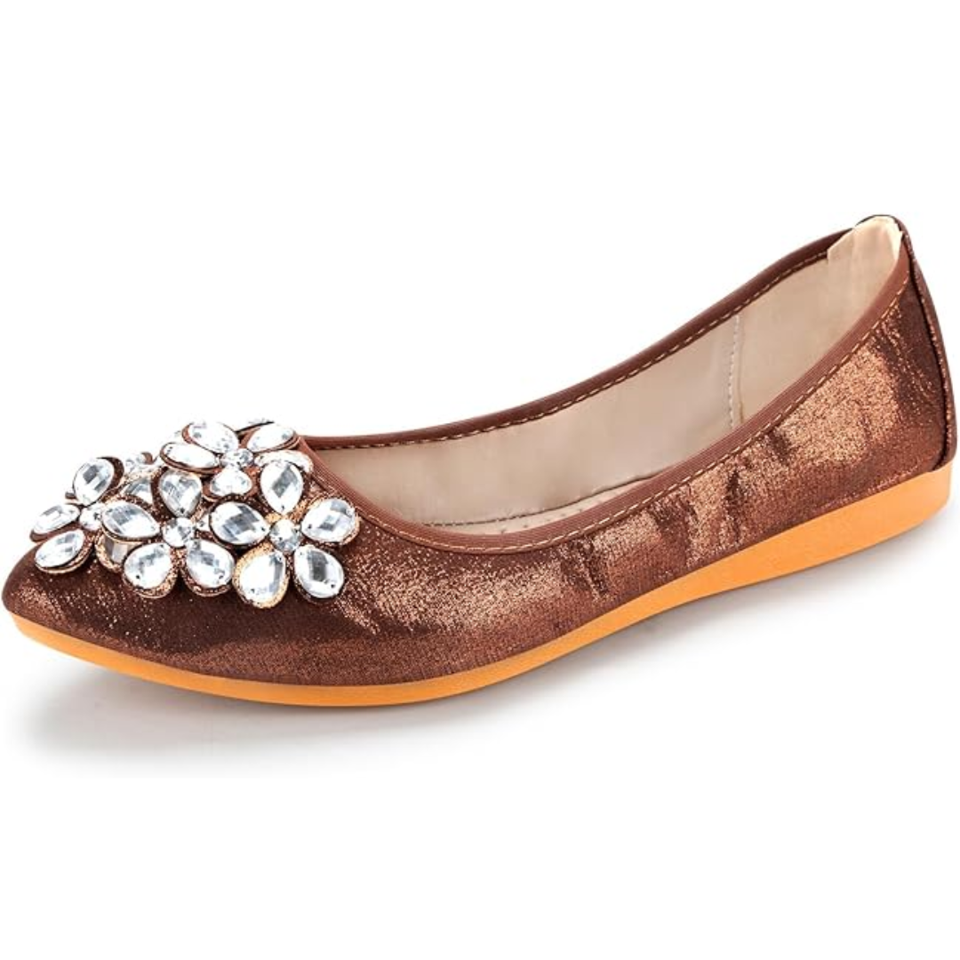 Model wearing comfortable women's sparkling rhinestone ballet flats, showcasing elegant party footwear.