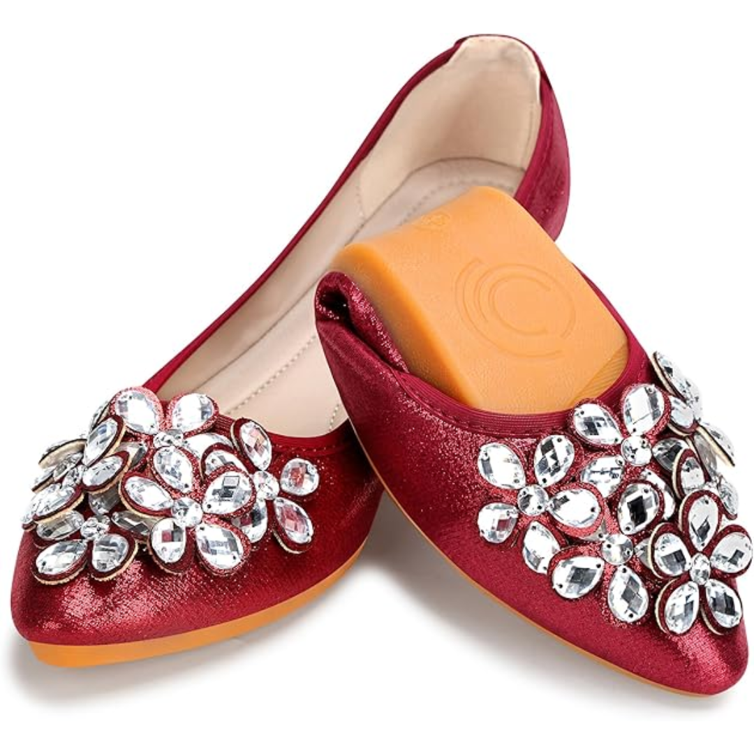 Pair of dazzling women's rhinestone ballet flats, slip-on & foldable, offering chic comfort for any event.
