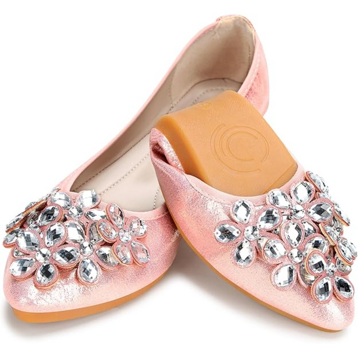Back view of women's sparkling ballet flats, featuring comfortable design & subtle rhinestone accents.