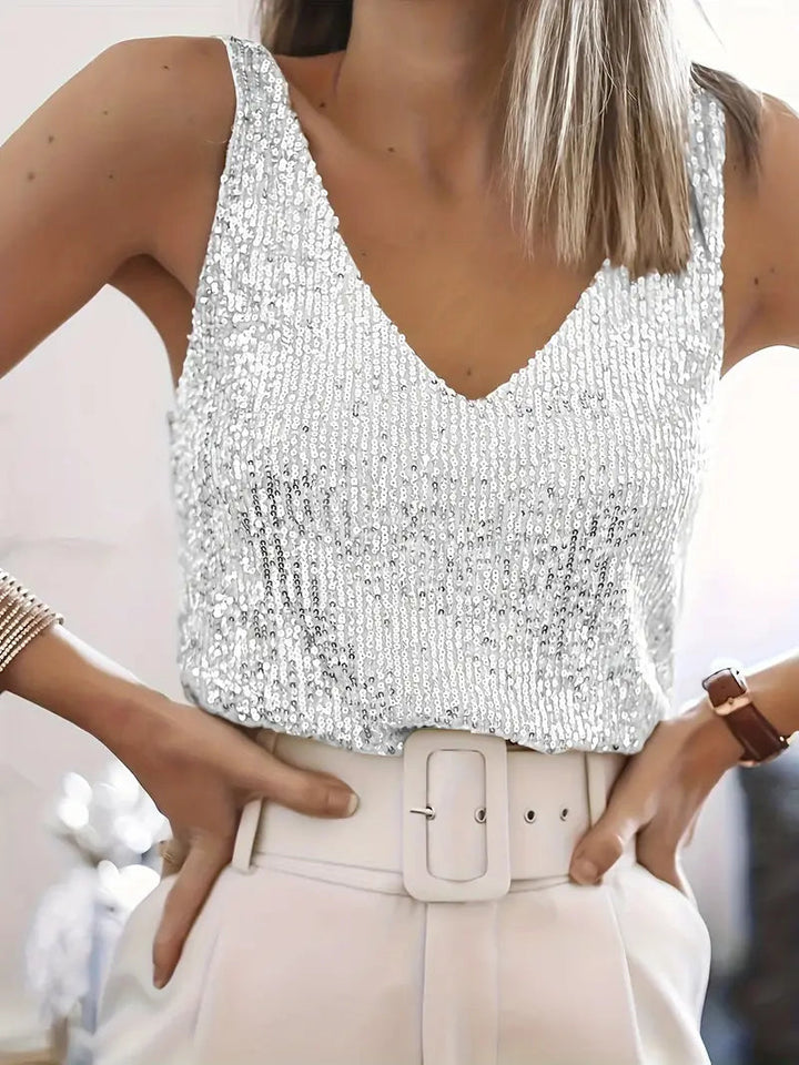 Sparkling V-neck sequin tank top for women, a glamorous choice for parties and evening wear.