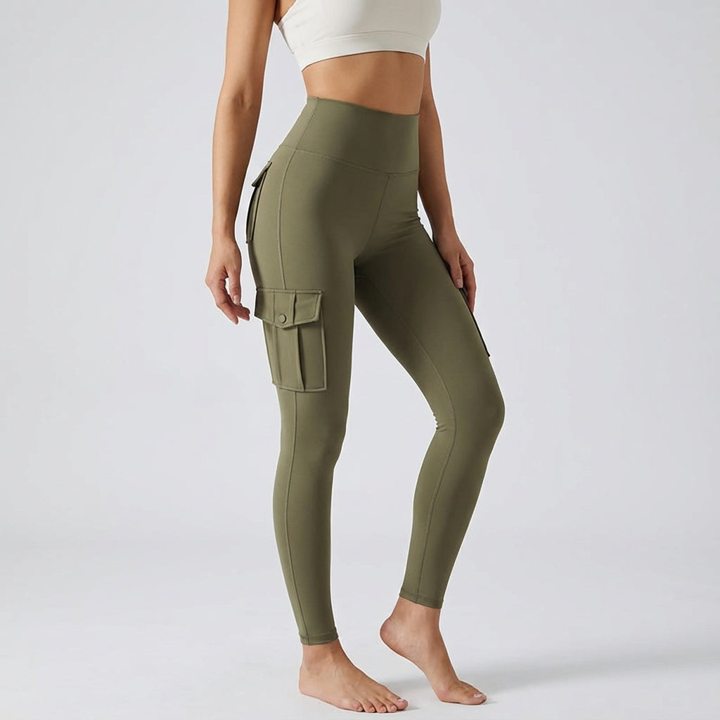 Women's activewear cargo leggings featuring convenient pockets, stretchy fabric, and a high-waist for comfort.