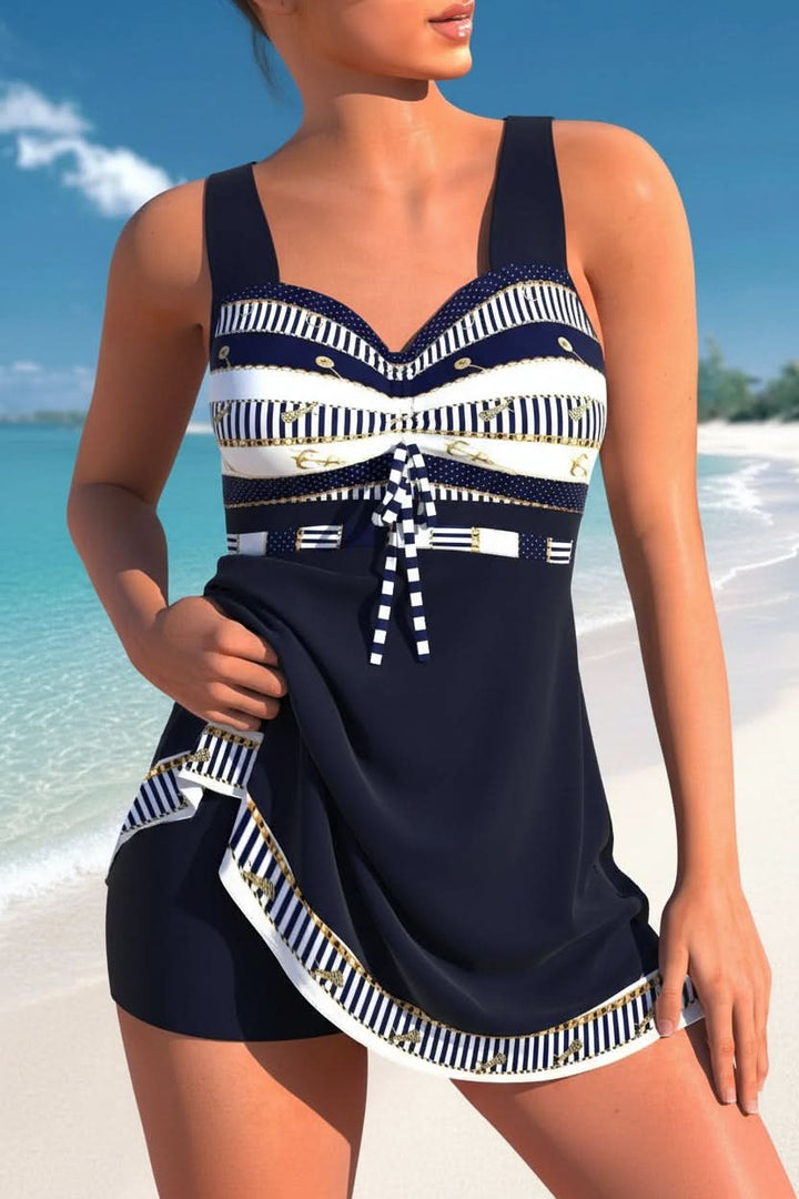 Women's sporty modest swim dress with built-in shorts, ideal for full coverage & active swimwear needs.