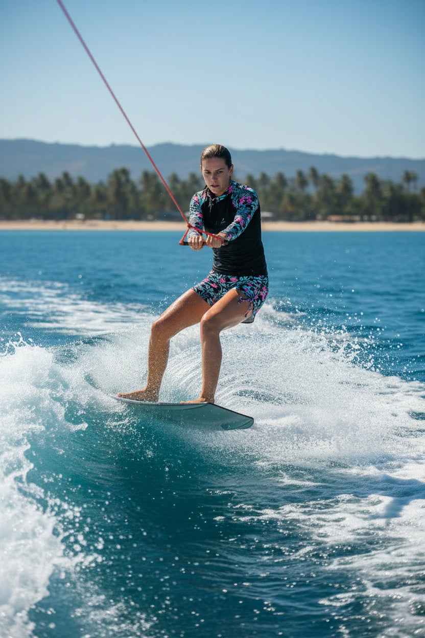Long sleeve rashguard top and swim shorts combo for women, featuring a beautiful tropical print and comfortable fit.