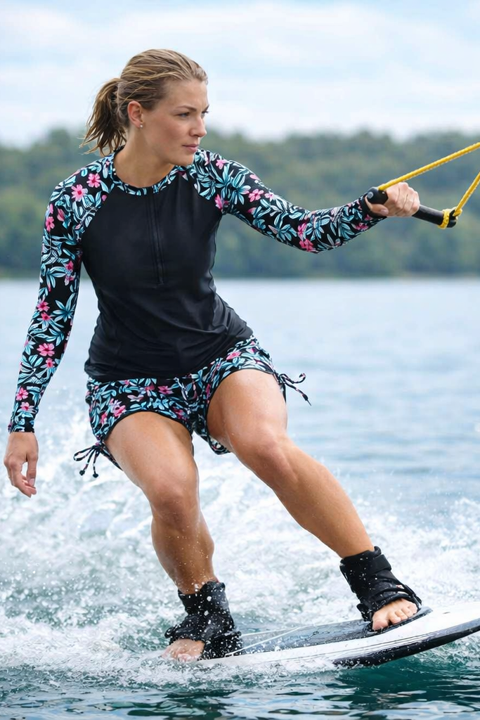 Flattering two-piece women's rashguard swimsuit with a trendy tropical print, great for summer sun protection.