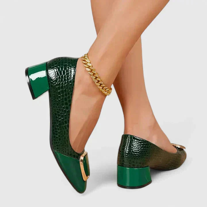 Elegant women's square toe block heel loafers, featuring a chic gold buckle for fashionable office style.