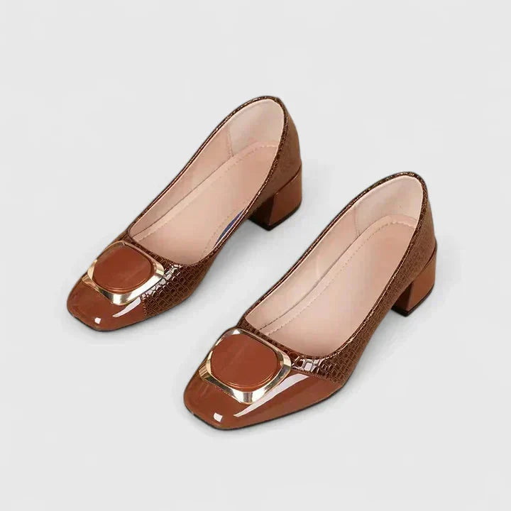 Fashionable women's square toe block heel loafers with buckle, combining comfort and sophisticated style.