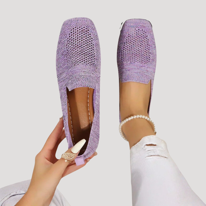 Lightweight women's breathable knit flats with square toe, ideal for summer & easy wear.